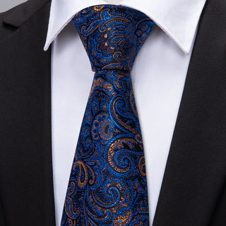 New Deep Blue Gold Paisley Silk Necktie Pocket Square Cufflinks Set