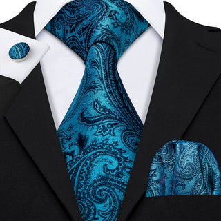 New Sky Blue Paisley Silk Men's Necktie Pocket Square Cufflinks Set