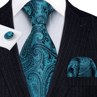 New Sky Blue Paisley Silk Men's Necktie Pocket Square Cufflinks Set
