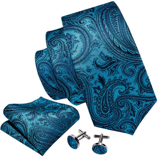New Sky Blue Paisley Silk Men's Necktie Pocket Square Cufflinks Set
