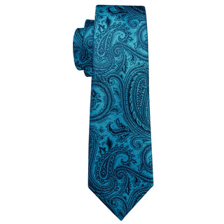 New Sky Blue Paisley Silk Men's Necktie Pocket Square Cufflinks Set