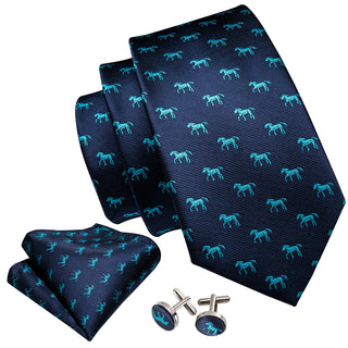 Novelty Horse Blue Silk Necktie Pocket Square Cufflinks Set