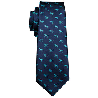 Novelty Horse Blue Silk Necktie Pocket Square Cufflinks Set