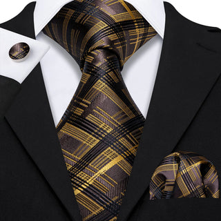 Brown Yellow Stripe Plaid Silk Necktie Pocket Square Cufflinks Set