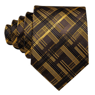 Brown Yellow Stripe Plaid Silk Necktie Pocket Square Cufflinks Set