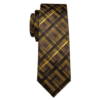Brown Yellow Stripe Plaid Silk Necktie Pocket Square Cufflinks Set