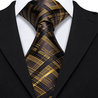 Brown Yellow Stripe Plaid Silk Necktie Pocket Square Cufflinks Set