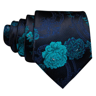 Blue Black Floral Silk Necktie Pocket Square Cufflinks Set