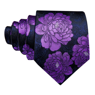 Luxury Purple Floral Silk Necktie Pocket Square Cufflinks Set