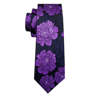 Luxury Purple Floral Silk Necktie Pocket Square Cufflinks Set