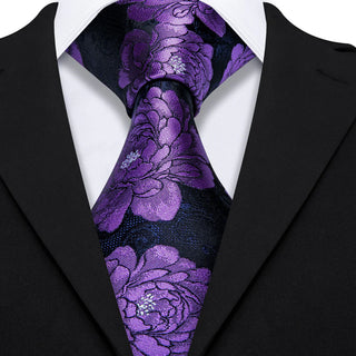 Luxury Purple Floral Silk Necktie Pocket Square Cufflinks Set