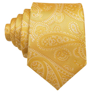 Gold Floral Silk Necktie Pocket Square Cufflinks Set