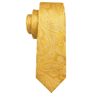 Gold Floral Silk Necktie Pocket Square Cufflinks Set