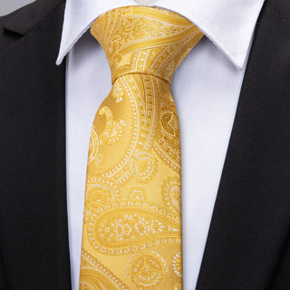 Gold Floral Silk Necktie Pocket Square Cufflinks Set
