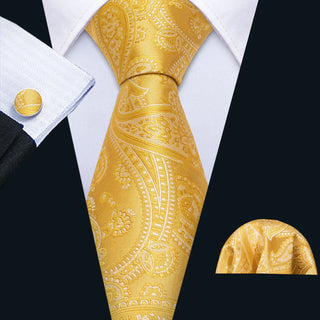 Gold Floral Silk Necktie Pocket Square Cufflinks Set