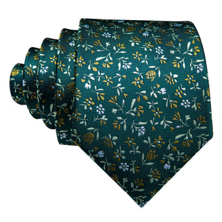 New Olive Green Floral Silk Necktie Pocket Square Cufflinks Set