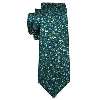 New Olive Green Floral Silk Necktie Pocket Square Cufflinks Set