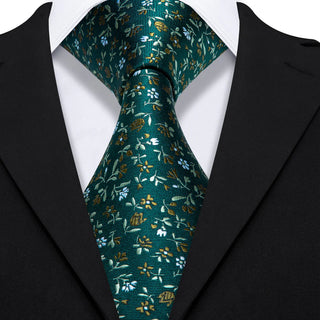 New Olive Green Floral Silk Necktie Pocket Square Cufflinks Set