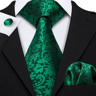 Fluorescent Green Floral Paisley Silk Men's Necktie Pocket Square Cufflinks Set