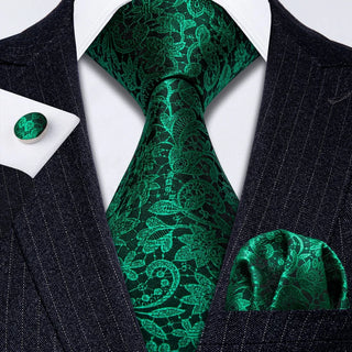 Fluorescent Green Floral Paisley Silk Men's Necktie Pocket Square Cufflinks Set