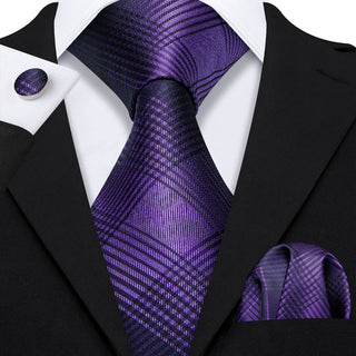 Purple Black Stripe Plaid Silk Necktie Pocket Square Cufflinks Set