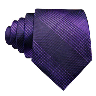 Purple Black Stripe Plaid Silk Necktie Pocket Square Cufflinks Set