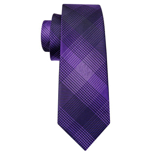 Purple Black Stripe Plaid Silk Necktie Pocket Square Cufflinks Set
