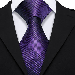 Purple Black Stripe Plaid Silk Necktie Pocket Square Cufflinks Set