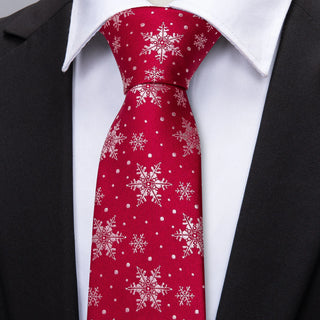Christmas Red White Snowflake Silk Necktie Pocket Square Cufflinks Set