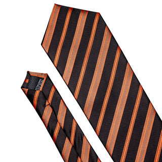 Orange Black Brown Striped Silk Men's Necktie Pocket Square Cufflinks Set