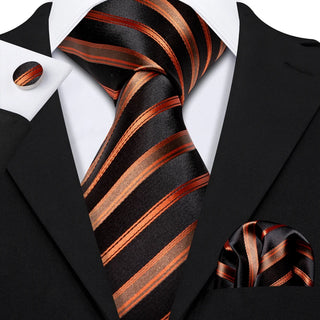 Orange Black Brown Striped Silk Men's Necktie Pocket Square Cufflinks Set