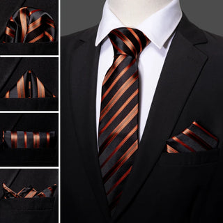 Orange Black Brown Striped Silk Men's Necktie Pocket Square Cufflinks Set