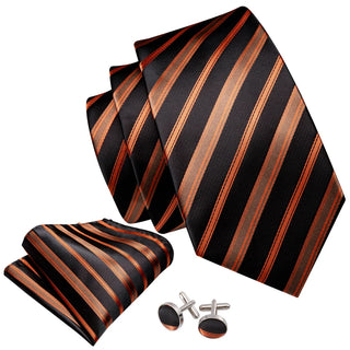 Orange Black Brown Striped Silk Men's Necktie Pocket Square Cufflinks Set
