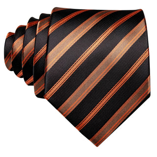 Orange Black Brown Striped Silk Men's Necktie Pocket Square Cufflinks Set