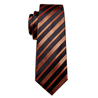 Orange Black Brown Striped Silk Men's Necktie Pocket Square Cufflinks Set