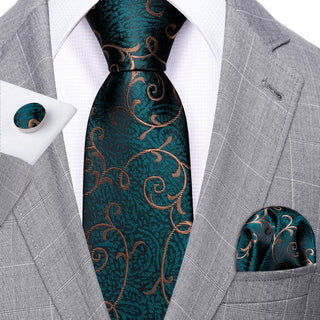 New Green Gold Paisley Silk Necktie Pocket Square Cufflinks Set