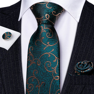 New Green Gold Paisley Silk Necktie Pocket Square Cufflinks Set