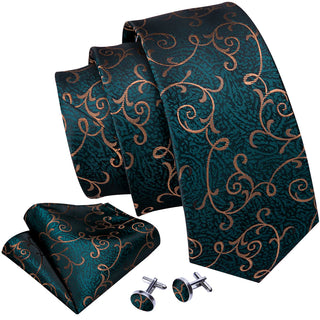 New Green Gold Paisley Silk Necktie Pocket Square Cufflinks Set