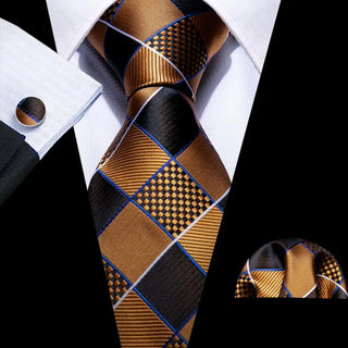 New Brown Black Plaid Silk Necktie Pocket Square Cufflinks Set