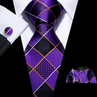 Purple Geometry Plaid Silk Men's Necktie Pocket Square Cufflinks Set