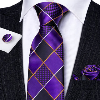 Purple Geometry Plaid Silk Men's Necktie Pocket Square Cufflinks Set