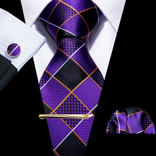 Purple Geometry Plaid Silk Men's Necktie Pocket Square Cufflinks Set