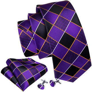 Purple Geometry Plaid Silk Men's Necktie Pocket Square Cufflinks Set