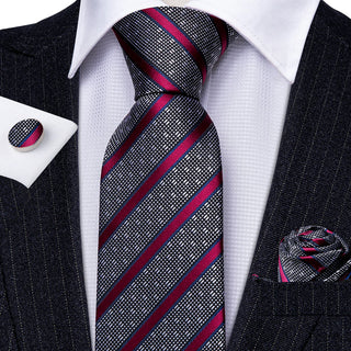 Grey Tie Red Stripe Silk Necktie Pocket Square Cufflinks Set