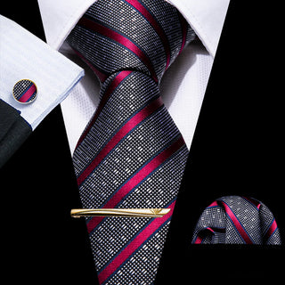 Grey Tie Red Stripe Silk Necktie Pocket Square Cufflinks Set