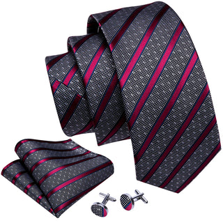 Grey Tie Red Stripe Silk Necktie Pocket Square Cufflinks Set