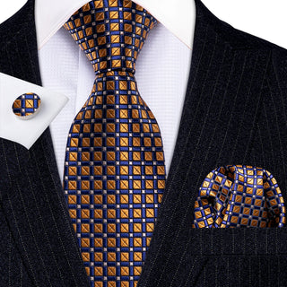 New Brown Blue Polka Dot Silk Necktie Pocket Square Cufflinks Set