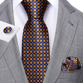 New Brown Blue Polka Dot Silk Necktie Pocket Square Cufflinks Set