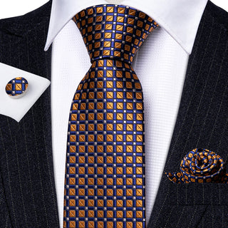 New Brown Blue Polka Dot Silk Necktie Pocket Square Cufflinks Set