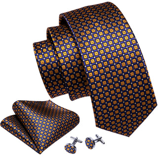 New Brown Blue Polka Dot Silk Necktie Pocket Square Cufflinks Set